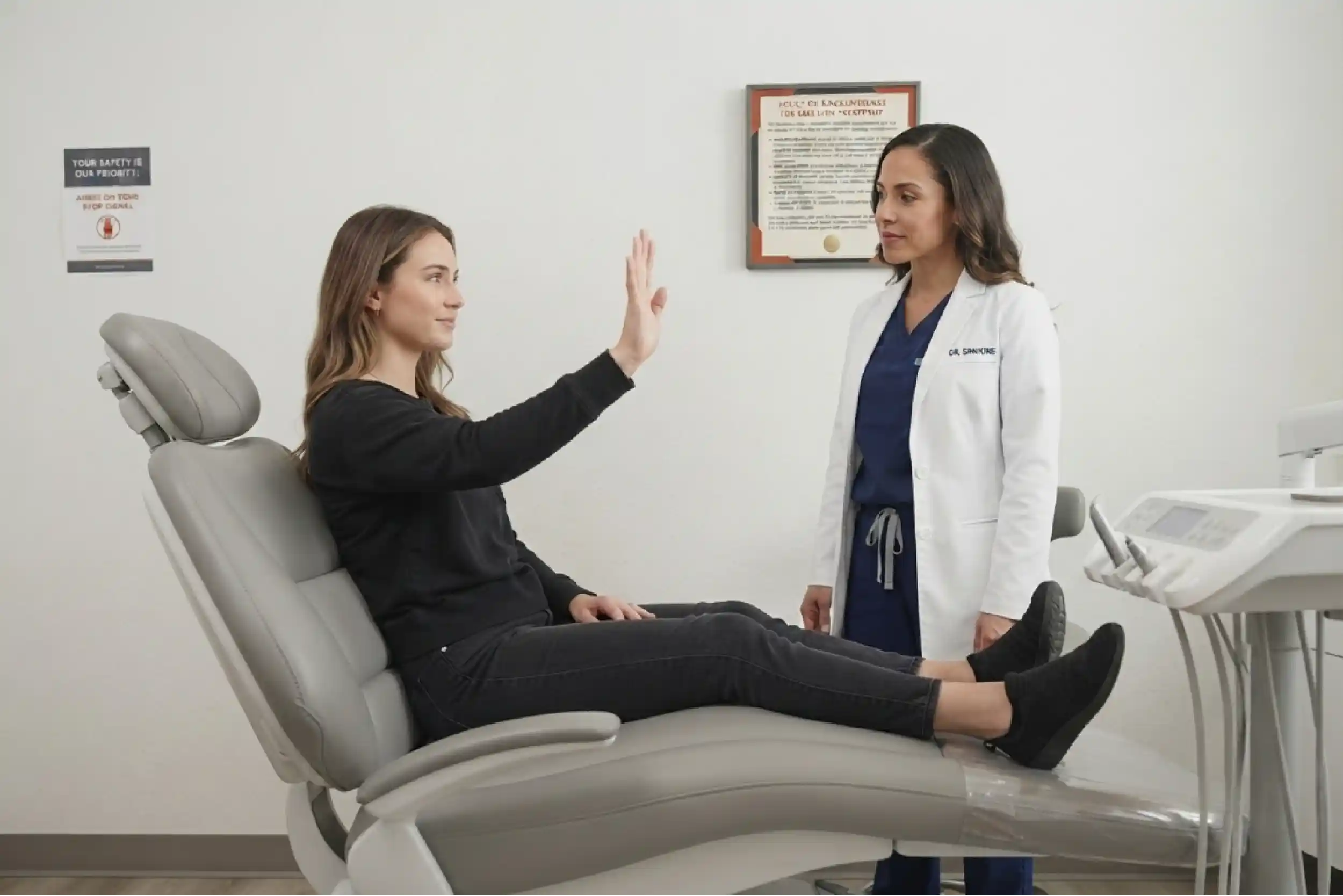An agreed stop signal demonstrated beside a treatment chair.