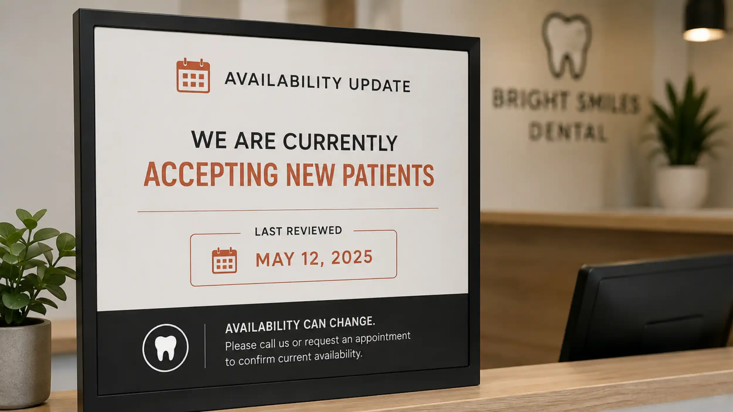 A dated notice showing current new patient availability.