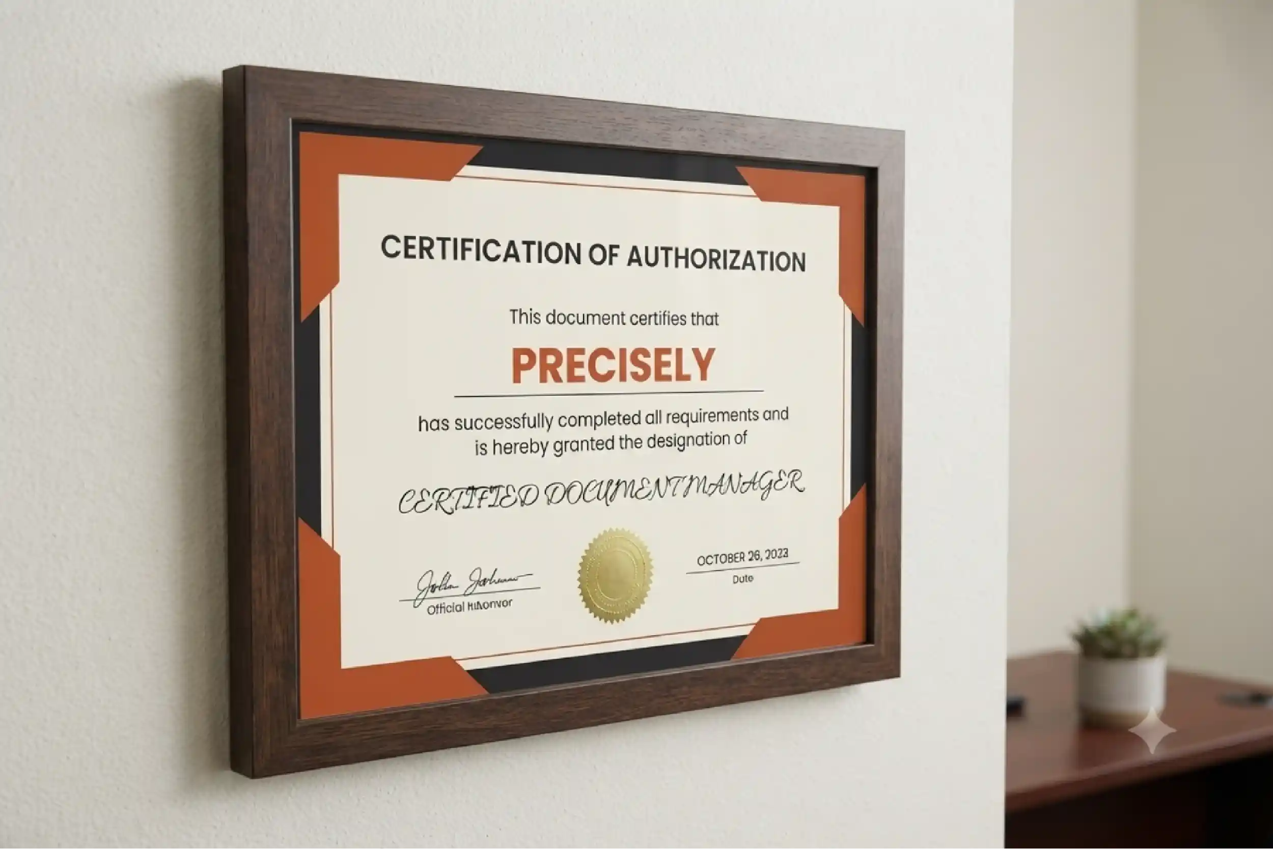 A board certification displayed in an office.