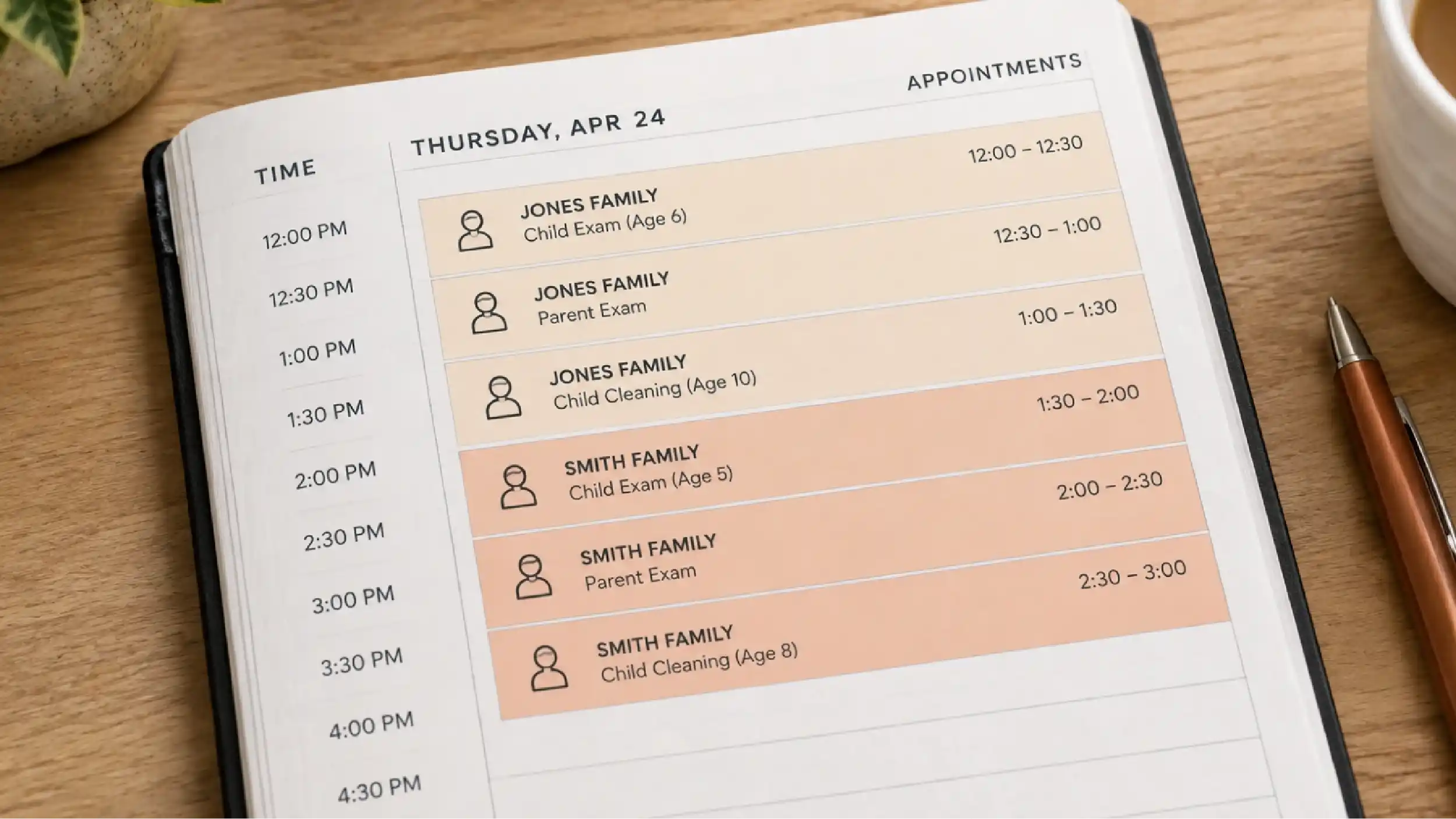 An appointment book with consecutive family bookings.