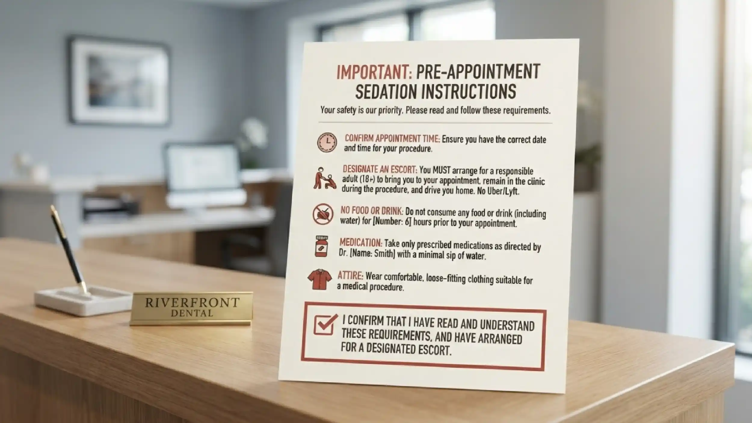 A pre-appointment sheet listing sedation preparation requirements.