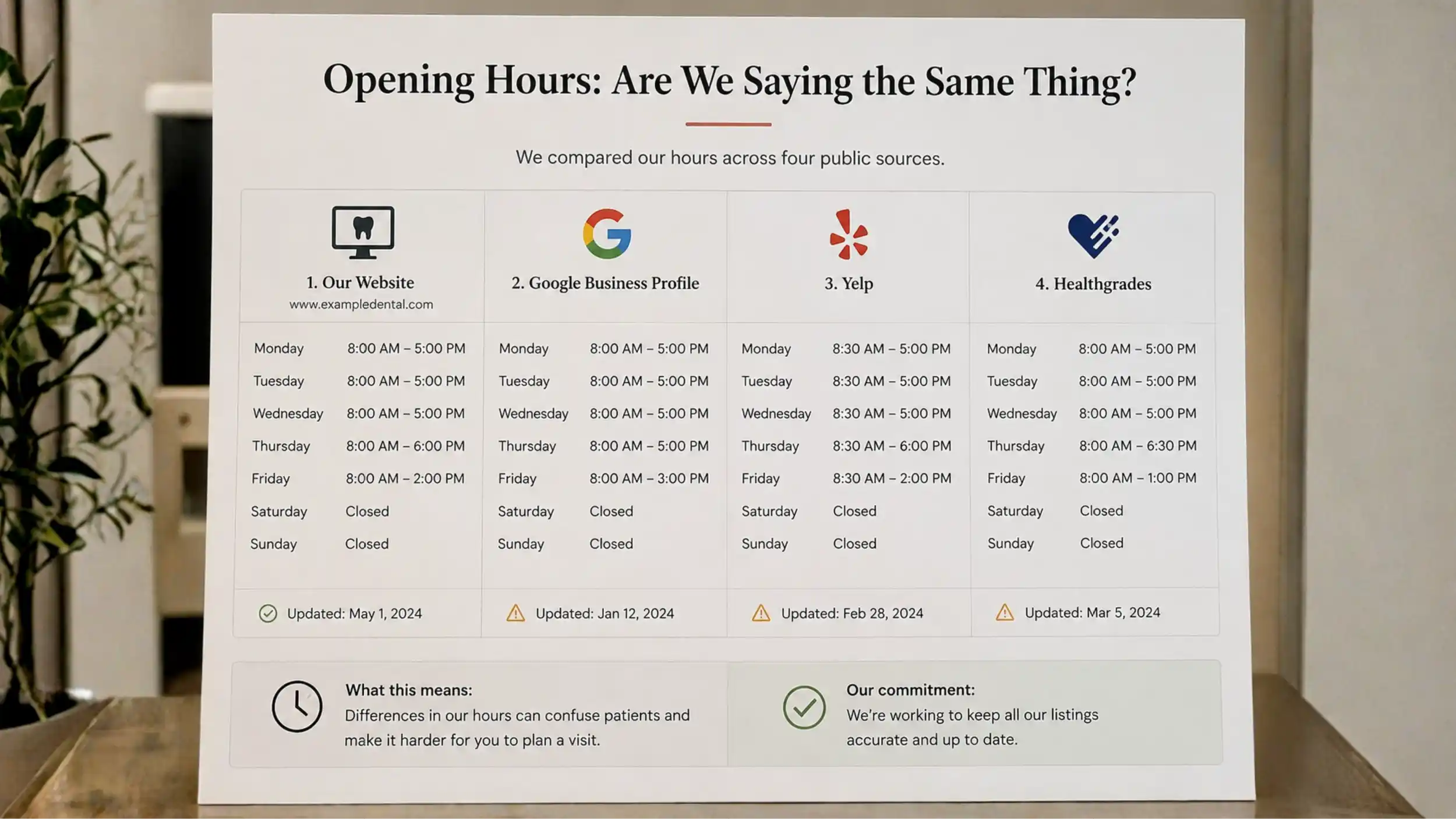 Opening hours compared across several public listings.