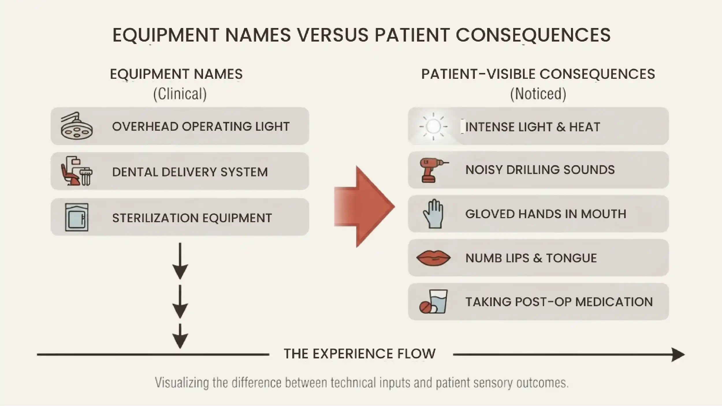 Equipment names beside the consequences a patient would notice.