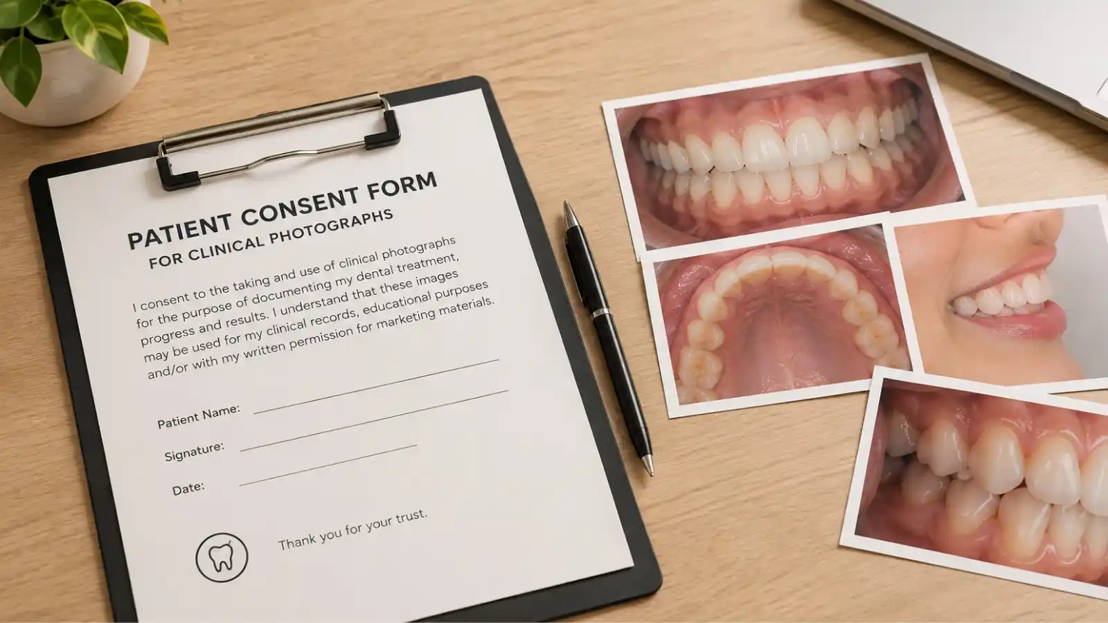 A consent form beside clinical case photographs.