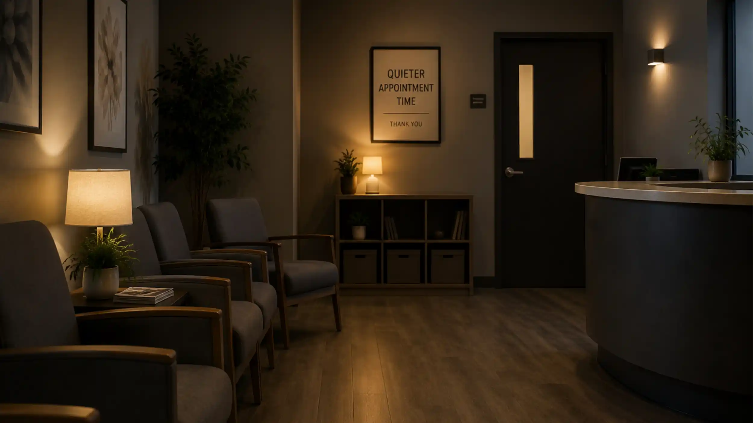 A quiet waiting area set for a low sensory appointment.