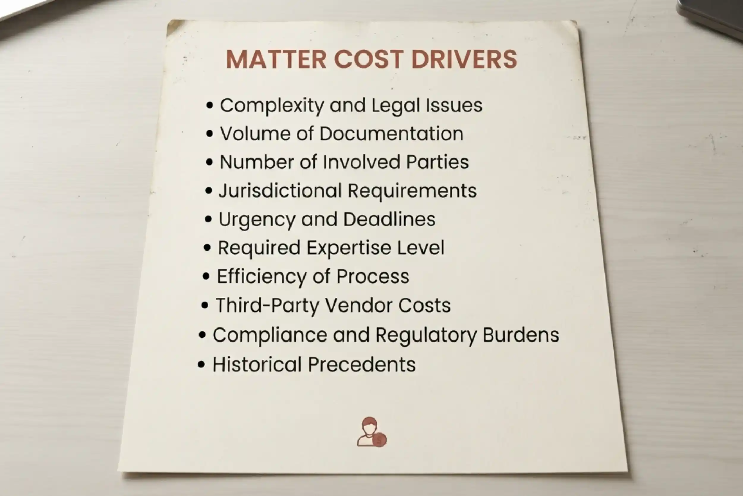 A sheet listing the factors that drive a matter's cost.