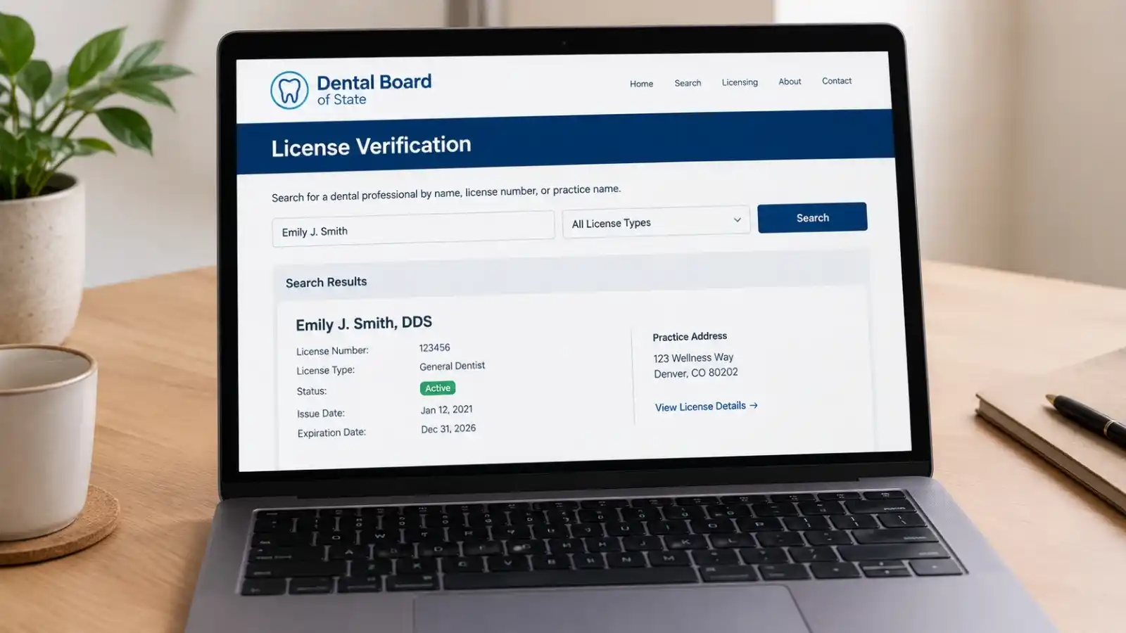 A dental regulator register page open for verification.