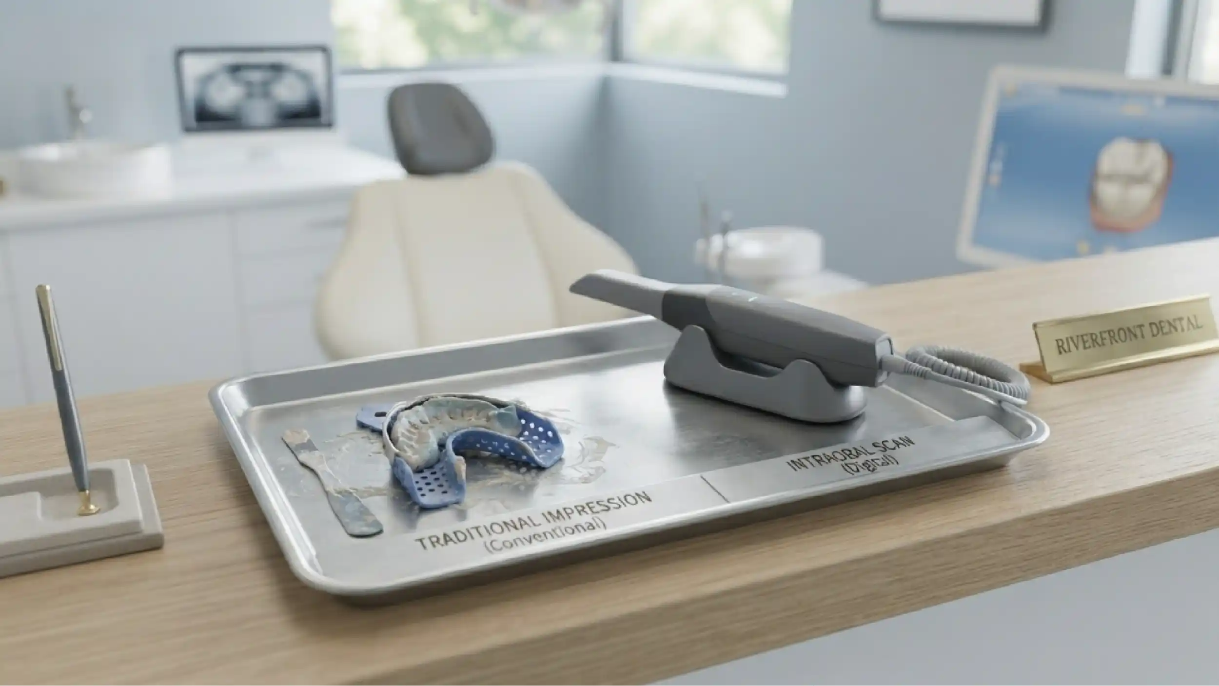 A digital scanner beside a conventional impression tray.