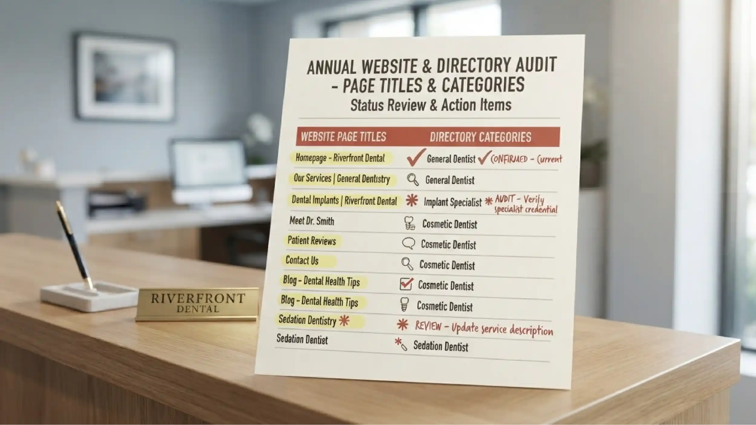 Page titles and directory categories marked for review.